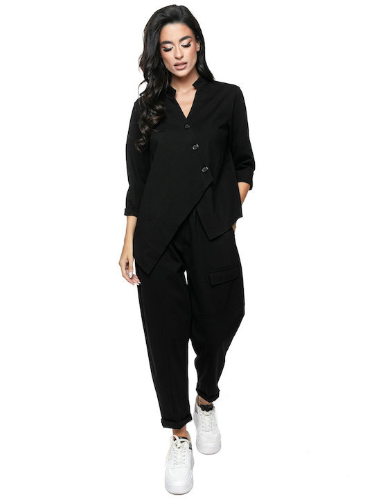 Asymmetric Blouse Set with Buttons and Cargo Pants