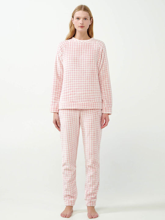 Vamp Χειμερινό Γυναικείο Σετ Πιτζάμας Βαμβακερό Pink Peach