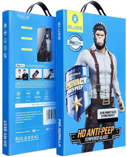 Blueo Mr Monkey 5D 0.26mm Privacy Tempered Glass Negru (iPhone 17 / 17 Pro / 16 Pro)