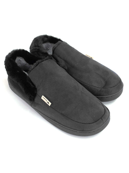 Ustyle Heel Enclosed Men's Slippers with Fur Black