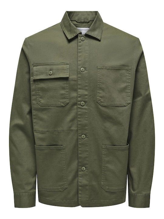 Long Sleeve Overshirt in Wide Line Olive Night