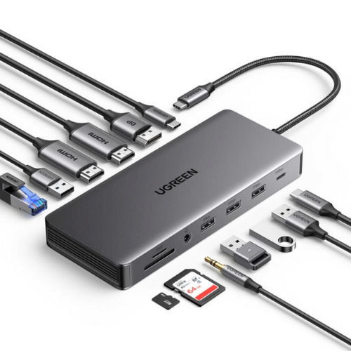 Ugreen CM681 USB-C Docking Station με HDMI/DisplayPort 4K PD Ethernet και σύνδεση 3 Οθονών Ασημί