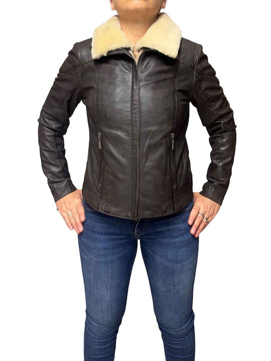 MARKOS LEATHER Women's Short Lifestyle Leather Jacket for Winter CAFE