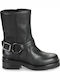Leather Women's Biker Boots with Medium Heel Black