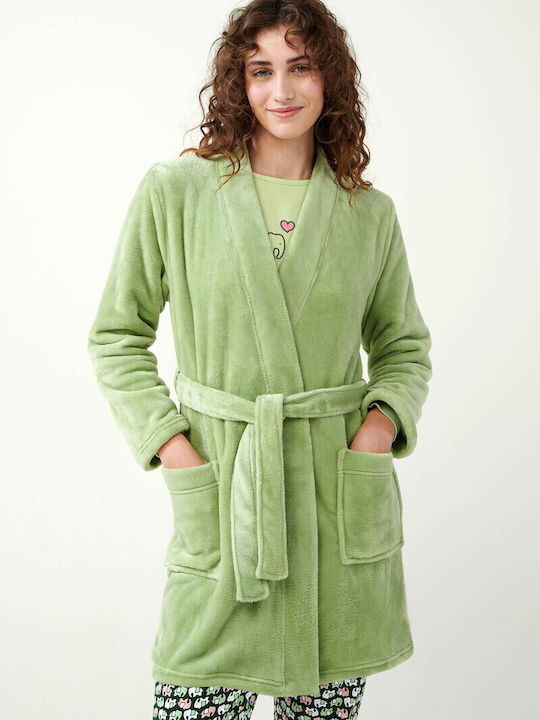 Vamp Χειμερινή Γυναικεία Fleece Ρόμπα Green Foam