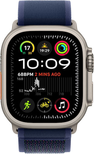 Apple Watch Ultra 2 2024 Titanium 49mm Αδιάβροχο με eSIM και Παλμογράφο (Natural με Blue Trail Loop - S/M)