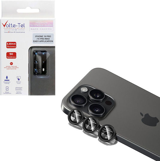 Volte-Tel Glass Cover Protecție Cameră Tempered Glass Black pentru iPhone 16 Pro, iPhone 16 Pro Max