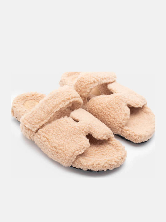 Winter Women's Slippers with Fur Beige