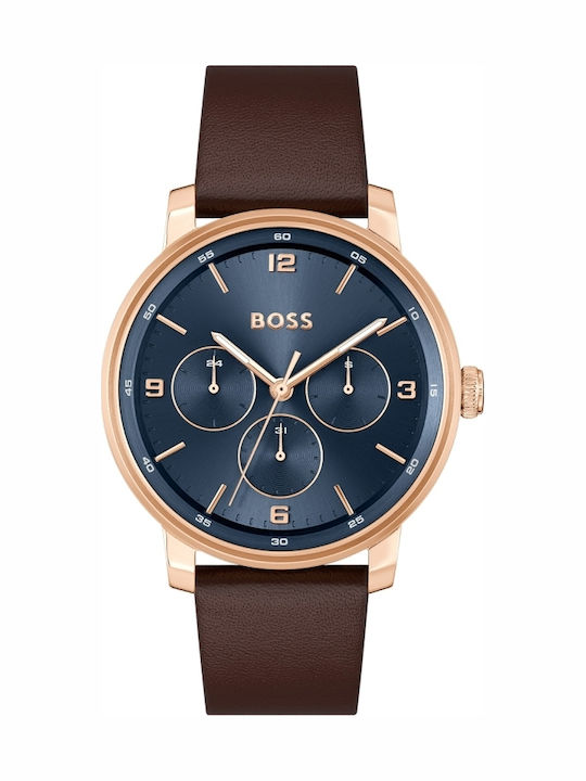 Boss Contender Ανδρικό Ρολόι 44mm Μπαταρίας με Καφέ Δερμάτινο Λουράκι
