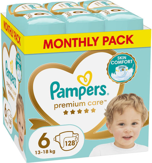 Pampers Памперси с лента Premium Care Месечен Пакет № 6 за 13-18kg 128бр