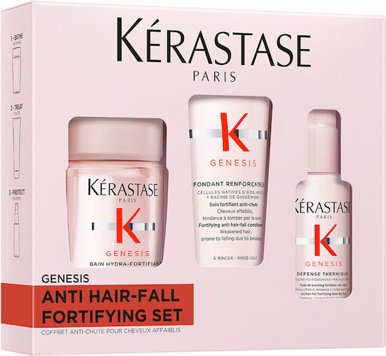 Kérastase Genesis Bain Hydra Fortifiant Hair Care & Styling Set Against Hair Loss for Thin Hair with Shampoo, Conditioner & Heat Protection 3 Pieces