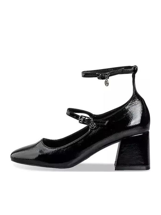 Synthetic Leather Black Heels with Strap