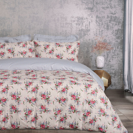 Das Home Bettwäsche-Set King Size 260x280cm. Happy 9647 Beige, Blue, Pink 4Stück