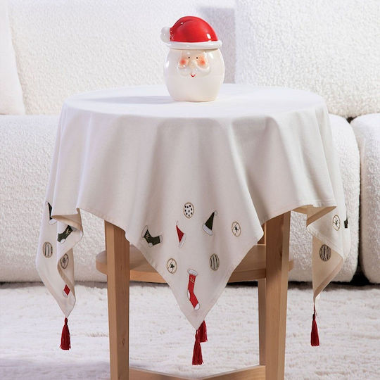 Nef-Nef Homeware Christmas Is All Around Christmas Tablecloth Square Fabric White L100xW100cm.