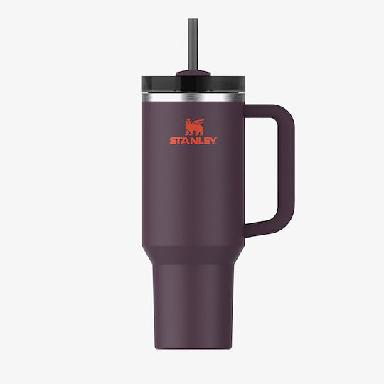 Stanley Quencher H2.O Becher mit Griff Thermosflasche Rostfreier Stahl BPA Frei 1.18lt Plum mit Stroh und Handgriff