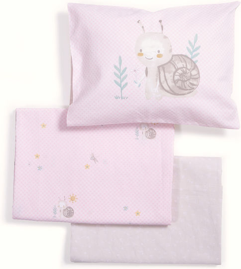 Nef-Nef Homeware Σετ Βρεφικά Σεντόνια Κούνιας Βαμβακερά Cute Snail Cute Snail - Pink 120x170εκ. 3τμχ