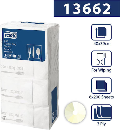 White Paper Napkin 3-ply 40x40cm 6x200pcs Tork Cutlery Bag Bon Appetit 13662