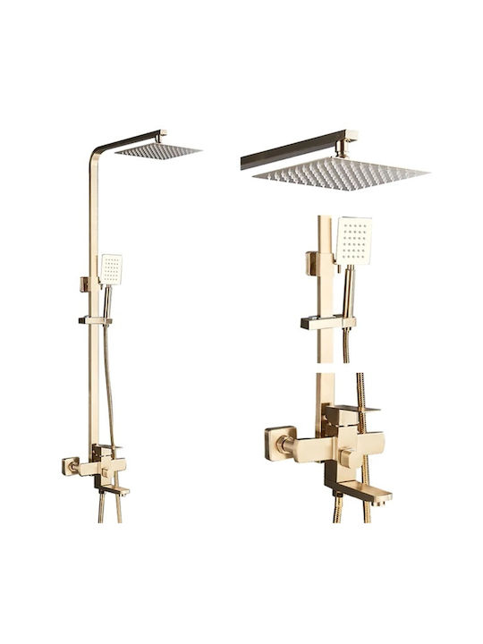 Rainfall Shower Faucet Set Chrome Finish Dual Handle Control Adjustable Height Brushed Gold