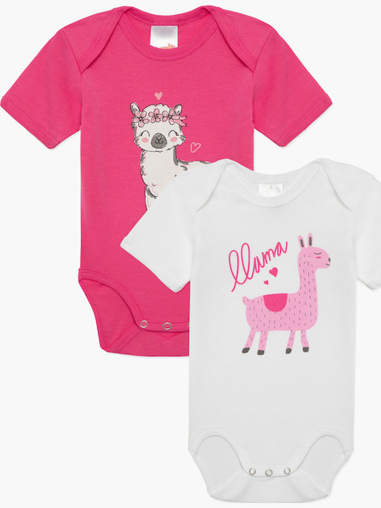 Minerva Lovely Lama Short-Sleeved White-fuchsia 2pcs