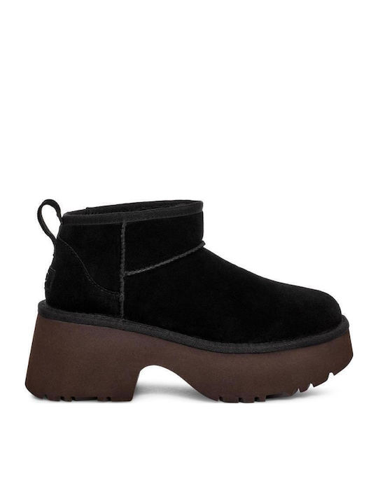 Classic Ultra Mini Leather Women's Ankle Boots with Medium Heel & Fur Black