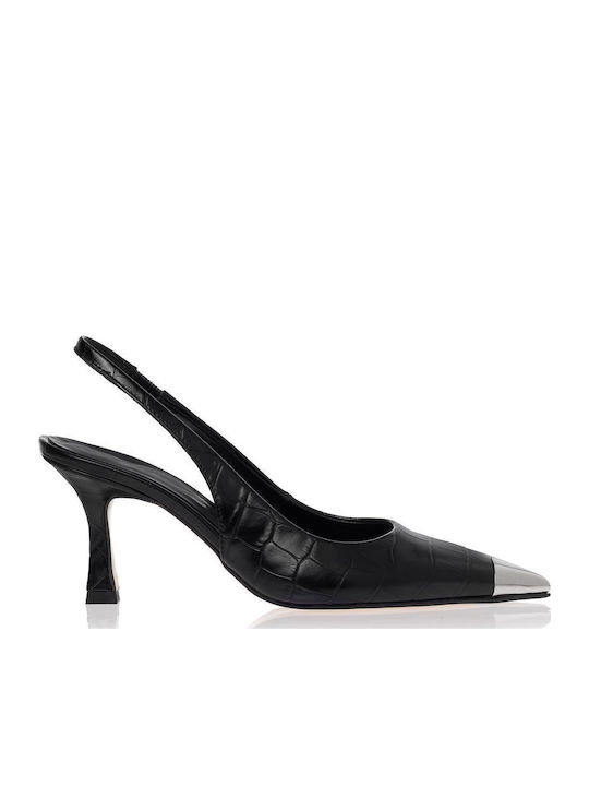 Sante Leather Black Medium Heels with Strap