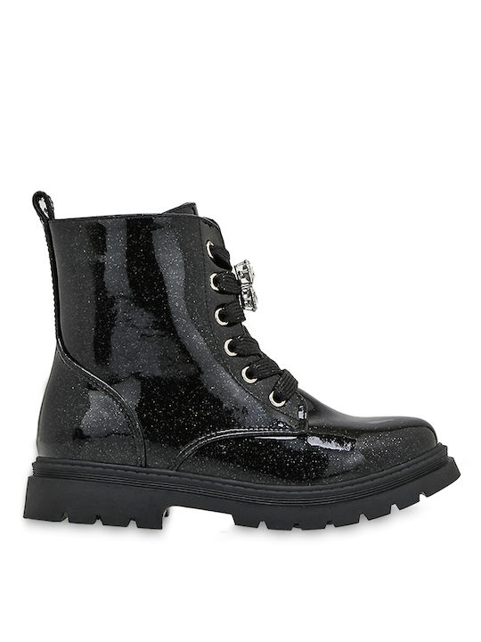 Exe Kids PU Leather Military Boots with Zipper Black