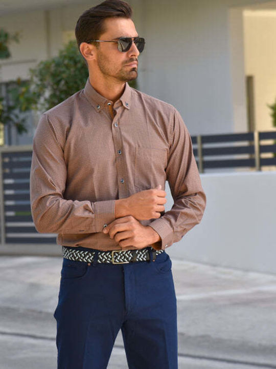 Long Sleeve Shirt in Regular Fit Checked Blue and Tan