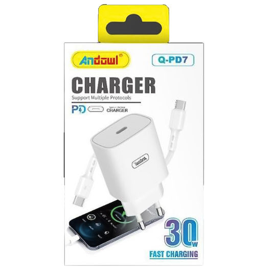 Andowl Φορτιστής με Θύρα USB-C και Καλώδιο USB-C - USB-C 30W Power Delivery Λευκός (Q-PD7)