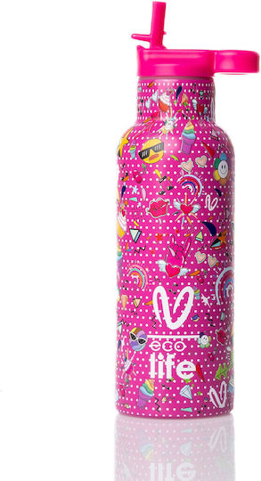 Ecolife Vasiliki Kids Water Bottle Thermos Stainless Steel with Straw Rainbow 500ml (Various Designs/Colours)
