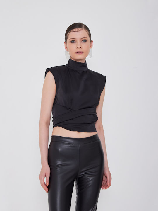 Fashioncore Γυναικείο Crop Top Σατέν Αμάνικο Μαύρο