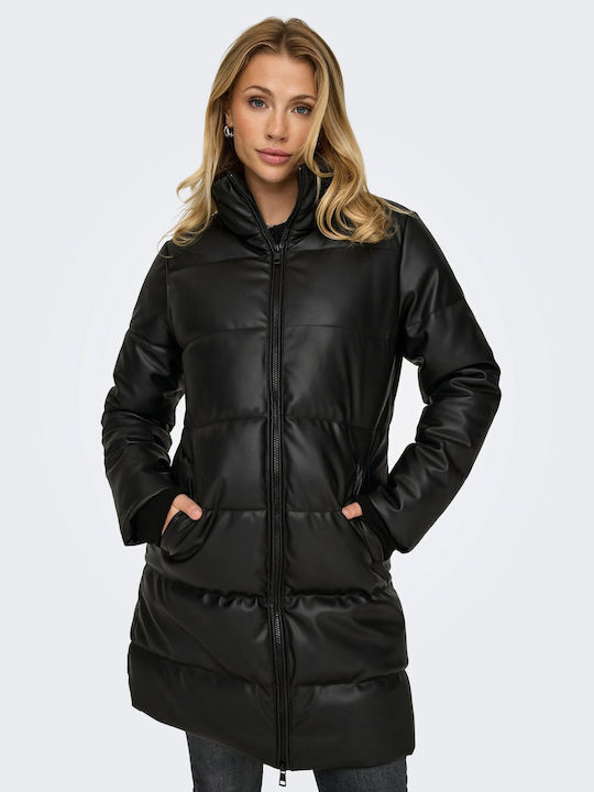 Only Women's Short Biker Artificial Leather Jacket for Winter Black