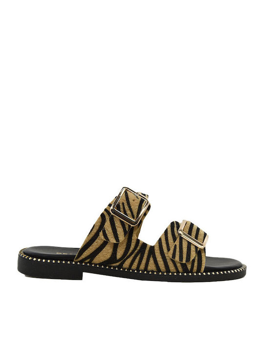 Leather Women's Flat Sandals Brown 145+Zebra Leather