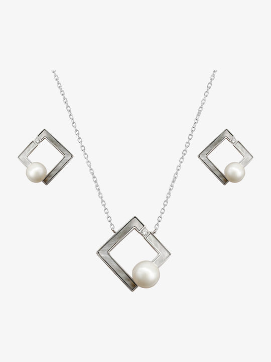 Set with Necklace & Earrings from Silver with Stones and Pearls