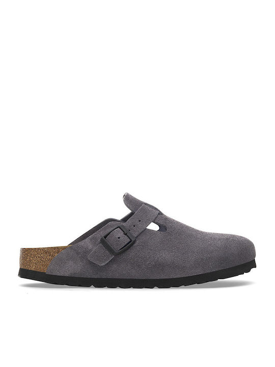 Boston Suede Ανατομικές Δερμάτινες Γυναικείες Παντόφλες Γκρι
