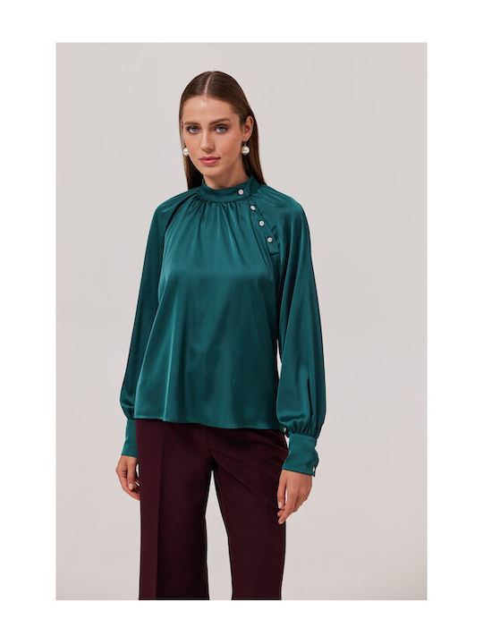 Enzzo Women's Blouse Satin Long Sleeve Forest