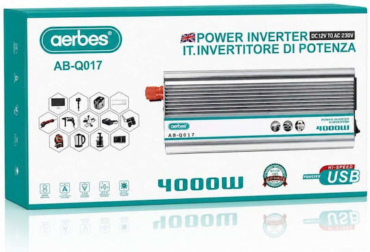 Aerbes Inverter Αυτοκινήτου Καθαρού Ημιτόνου 4000W για Μετατροπή 12V DC σε 220V AC