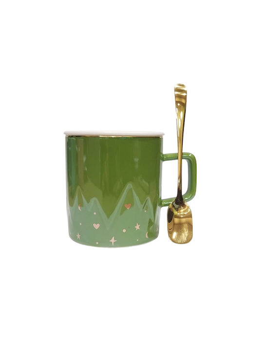 Etoile Green Stars Cană Ceramică cu Capac Verde 400ml