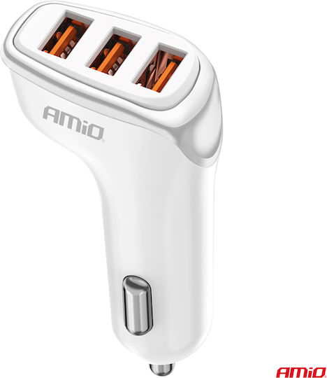 AMiO Φορτιστής Αυτοκινήτου 15.5W 3.1A με Θύρες: 3xUSB μαζί με Καλώδιο Ενσωματωμένο Λευκός