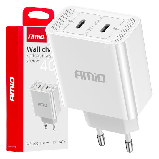 AMiO Încărcător Fără Cablu cu 2 Porturi USB-C 40W Albς (03892)