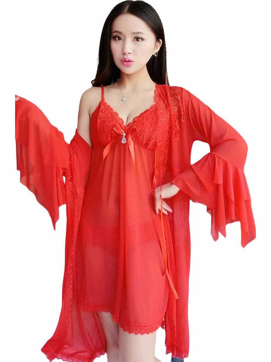 Pretty Lingerie Χειμερινή Γυναικεία Ρόμπα με Νυχτικό Κόκκινη