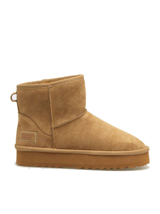 Superdry Suede Γυναικεία Μποτάκια με Γούνα Camel