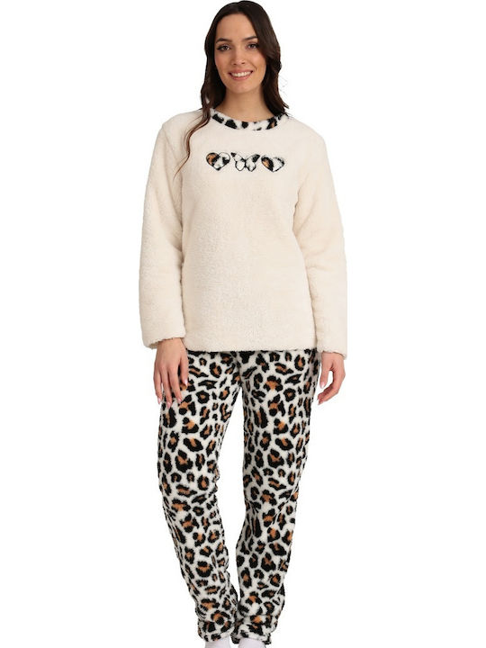 Lydia Creations Χειμερινό Γυναικείο Σετ Πιτζάμας Fleece Εκρου