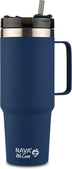 Nava Ποτήρι Θερμός Ανοξείδωτο / Πλαστικό 900ml Μπλε Σκούρο με Καλαμάκι