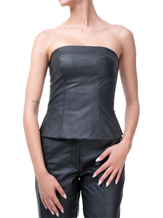Moutaki Women's Blouse Leather Strapless Black