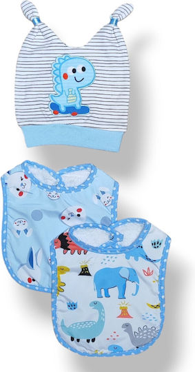 Set of Two Stain-Resistant Bibs Sea Blue Dinosaurs Bunnies Plus One Striped Dinosaur Hat Acc-2322