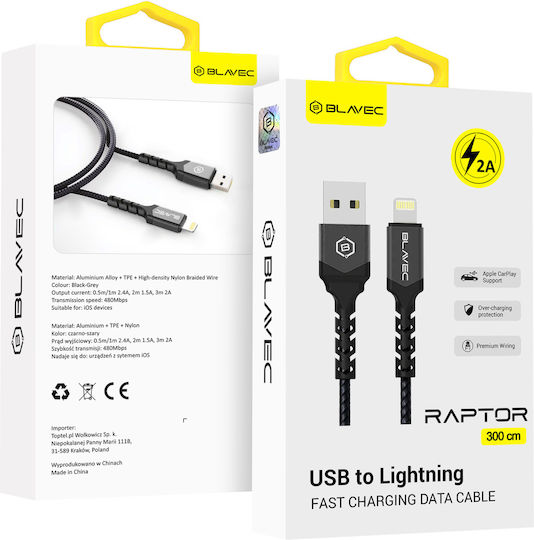 Blavec Braided USB-A to Lightning Cable Μαύρο 3m