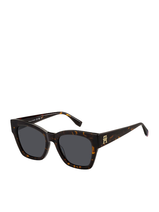 Tommy Hilfiger Women's Sunglasses with Brown Tartaruga Plastic Frame and Gray Lens