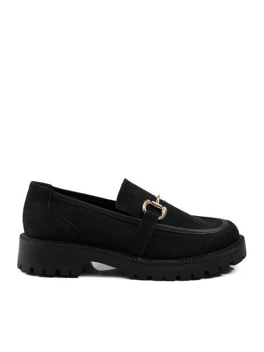 Μαύρα Σουέτ Loafers Χρυσή Μεταλλική Λεπτομέρεια