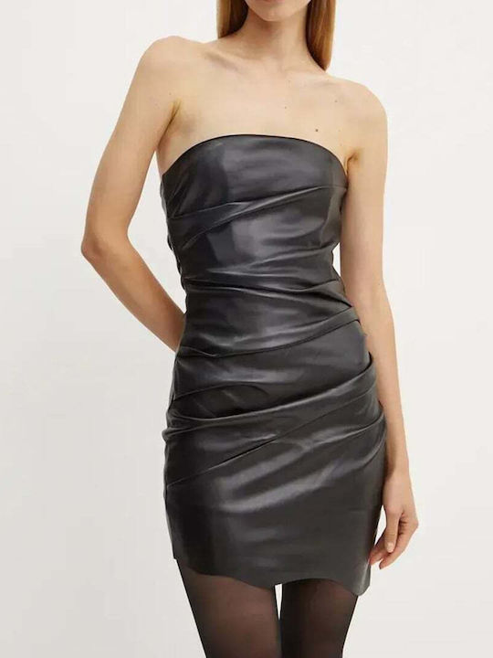 Mini Evening Strapless Leather Dress with Ruffles Black
