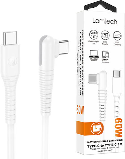 Lamtech Angle (90°) USB 2.0 Cable USB-C male - USB-C 60W PD Λευκό 1m LAM114307